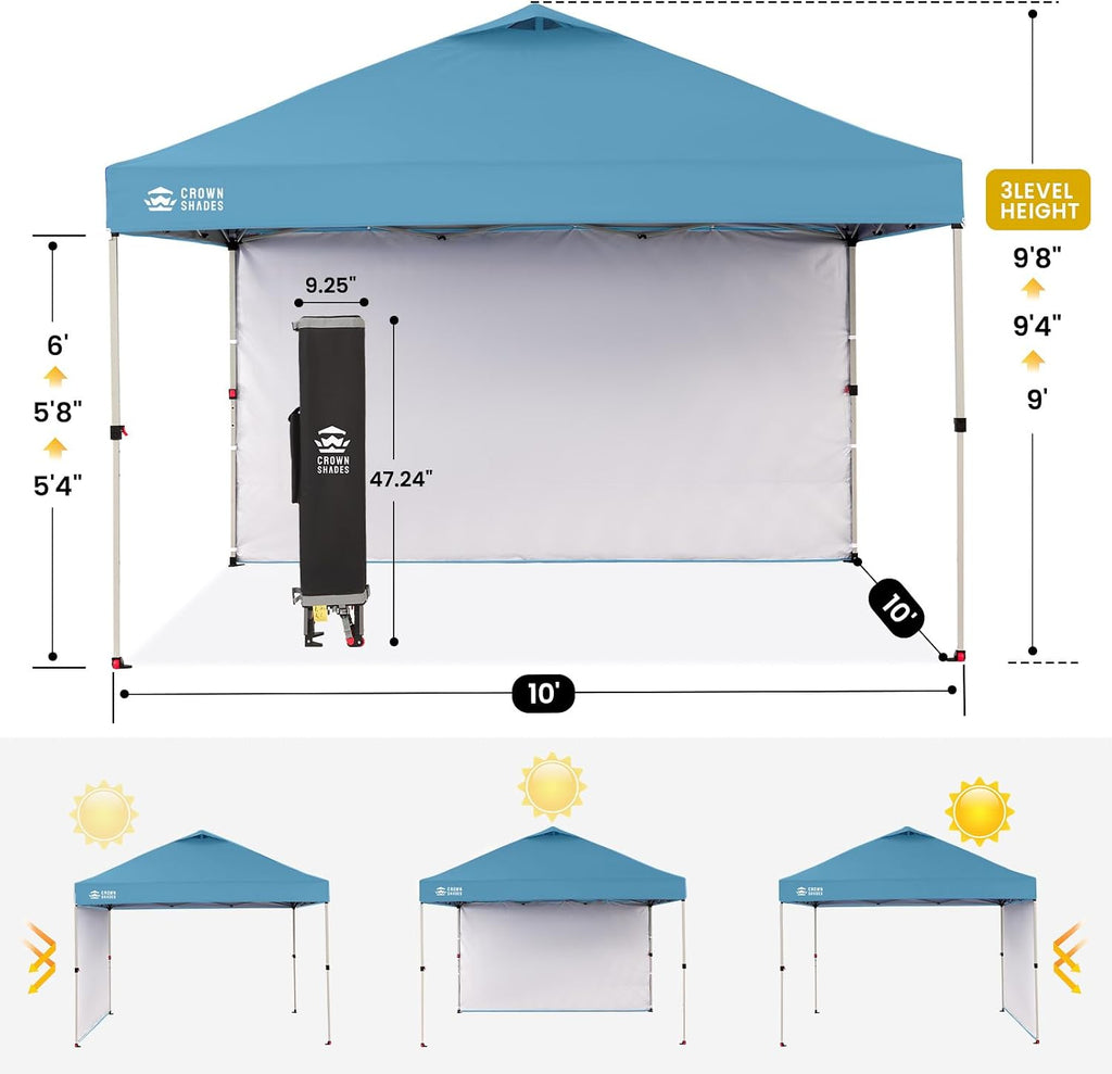 CROWN SHADES 10x10 Pop Up Canopy with 1 Side Wall - Beach Tent with One Push Setup - Outdoor Sun Shade for Events, Parties, Camping - Gazebo with STO-N-Go Cover Bag (Cyan Blue)