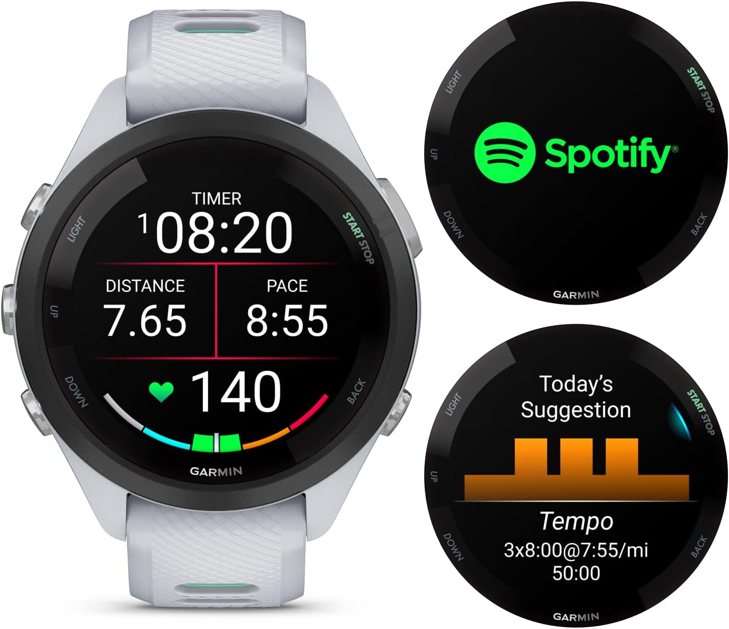 Garmin Forerunner 265S Music GPS Running 42 mm Smartwatch, Whitestone with AMOLED 1.1in Touchscreen Display White Earbuds Bundle, White +Wht EarBuds
