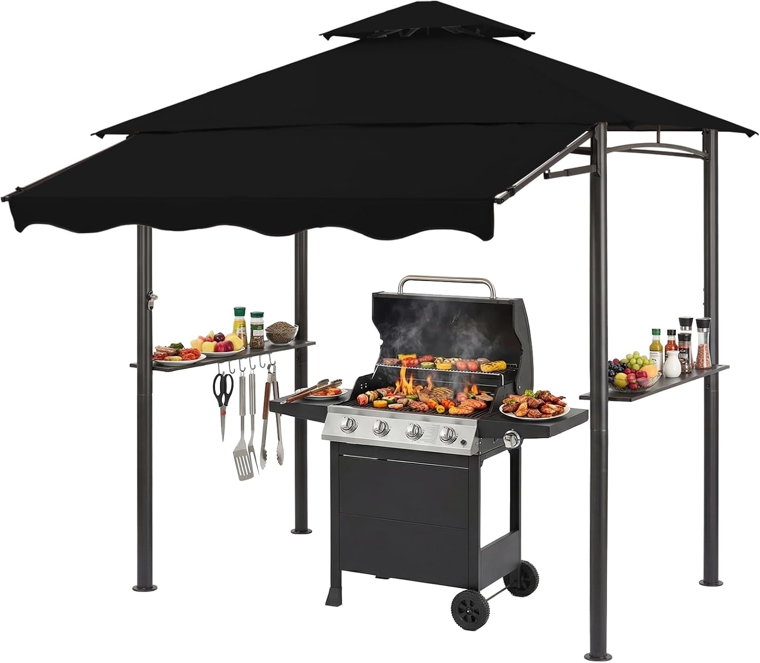 CHARMELEON 8x8 FT Grill Gazebo, Grill Canopy with Big Awning&2 Side Shelves&6 Hooks&Bottle Opener, Powder-Coated Steel BBQ Shelter for Patio Backyard Outdoor Grilling-Black