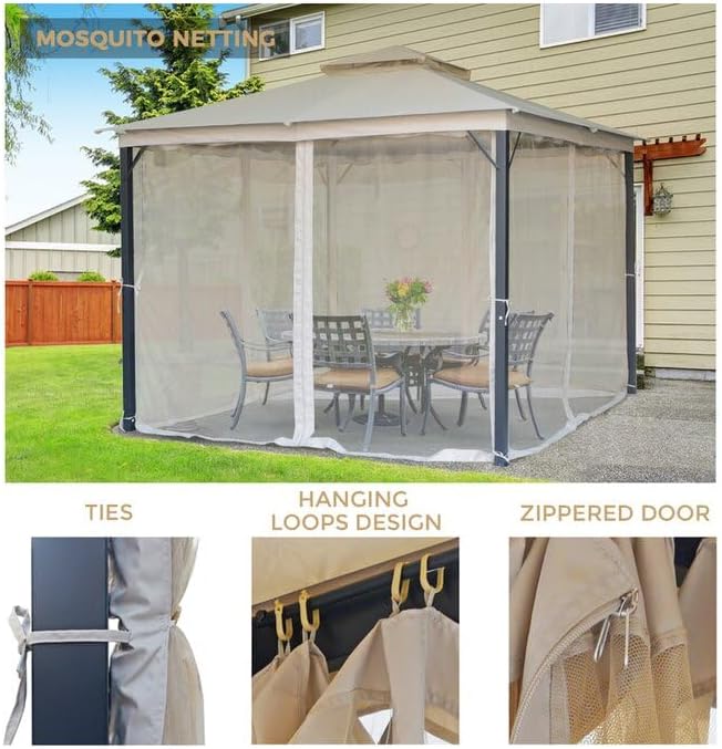 Patio Gazebo 10x10, Outdoor Gazebos, Heavy Duty Gazebo Soft Top Gazebos, Double Roofs Anti-UV Shelter with Privacy Netting for Patio Deck Backyard Garden Lawns