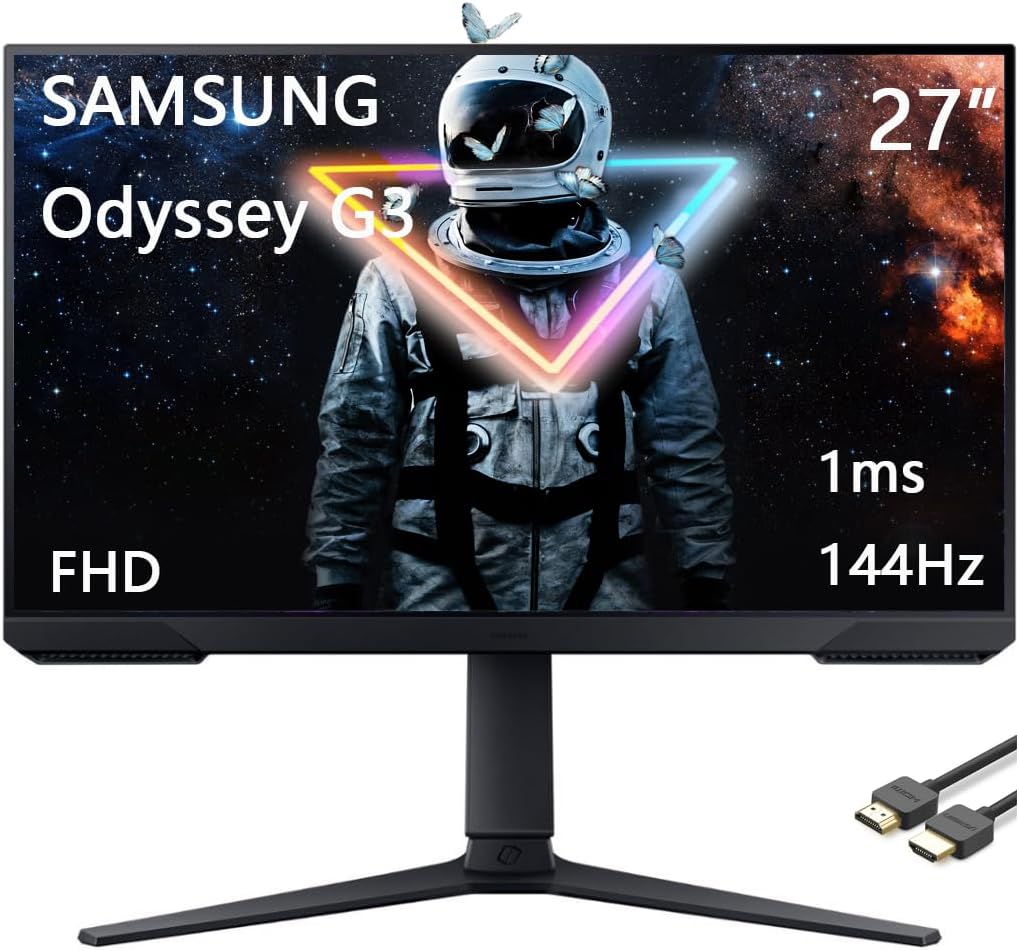 Samsung 27' Odyssey G3 Series FHD Gaming Monitor, 165Hz, 1ms, Eye Saver Mode, FreeSync Premium, VESA Mount Capability, Height Adjustable Screen, Black, with HDMI Cable