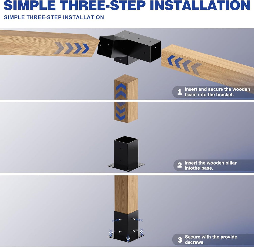 Pergola Kit, Slanted Roof Pergola Bracket, 3-Way Brackets with Post Base Kit, Log Cabin Outdoor 4'x 4' (Actual 3.5' X 3.5') Lumber