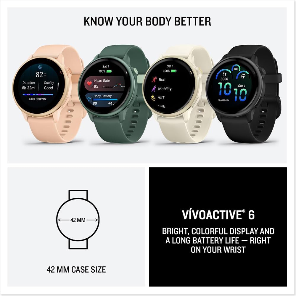 Garmin 010-02985-00 VIVOACTIVE 6 Health & Fitness GPS Smartwatch, Black with Silicone Band Bundle with Deco Essentials Charging Dock, USB Type C Charger, Silicone Dust Covers & 2X Screen Protector