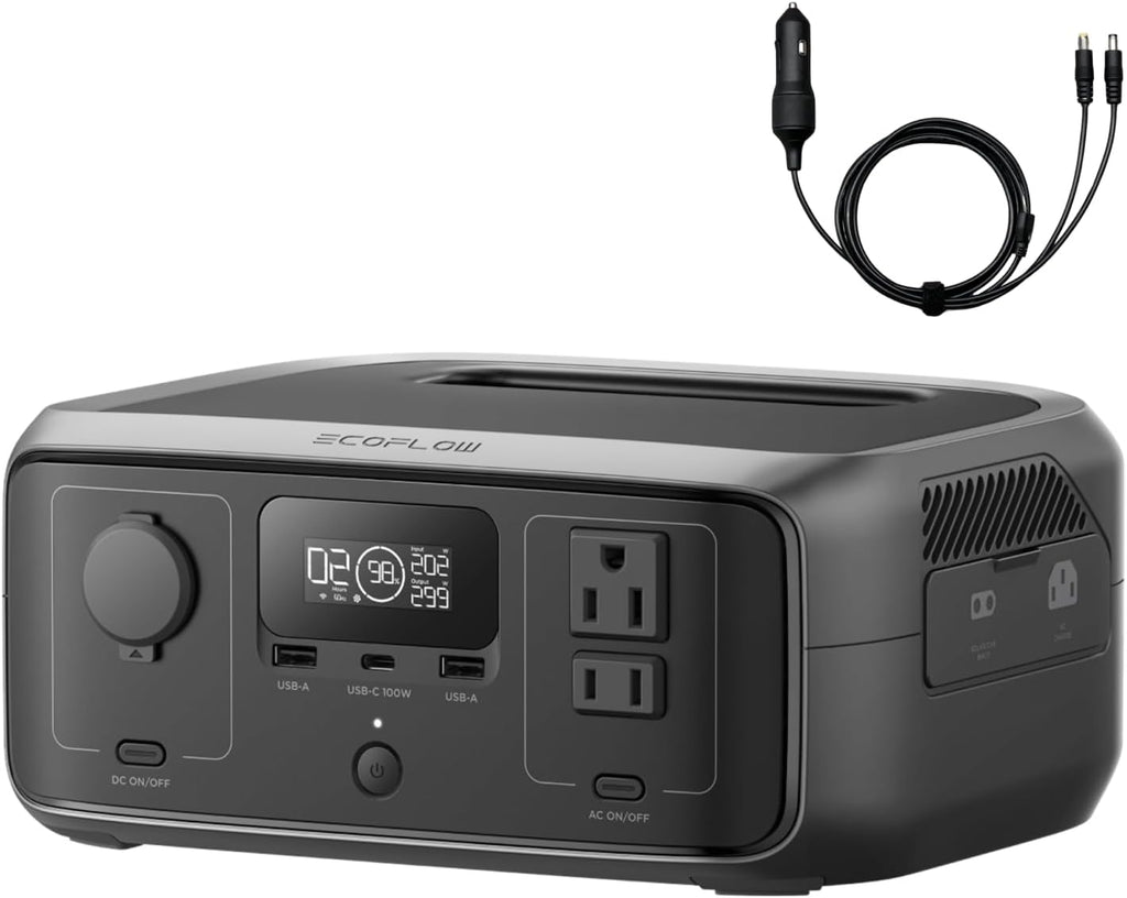 EF ECOFLOW Portable Power Station RIVER 3 with Car Cigarette Lighter to DC Power Adapter, 245Wh LFP Power Station, 2 Up to 600W AC Outlets, <20 MS UPS, 1Hr Fast Charging Solar Generator for Camping