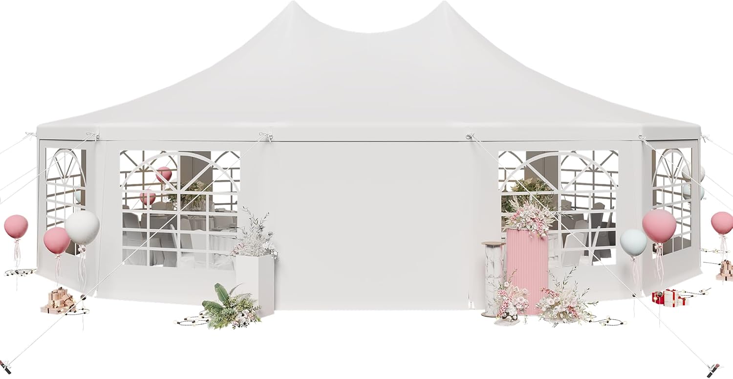 EROMMY 29x23ft Party Tent, White Wedding, Dodecagonal Heavy Duty Canopy with Removable Sidewalls, 10 Church Windows and 2 Pull-Back Doors, Outdoor Gazebo Pavilion Shelter, White