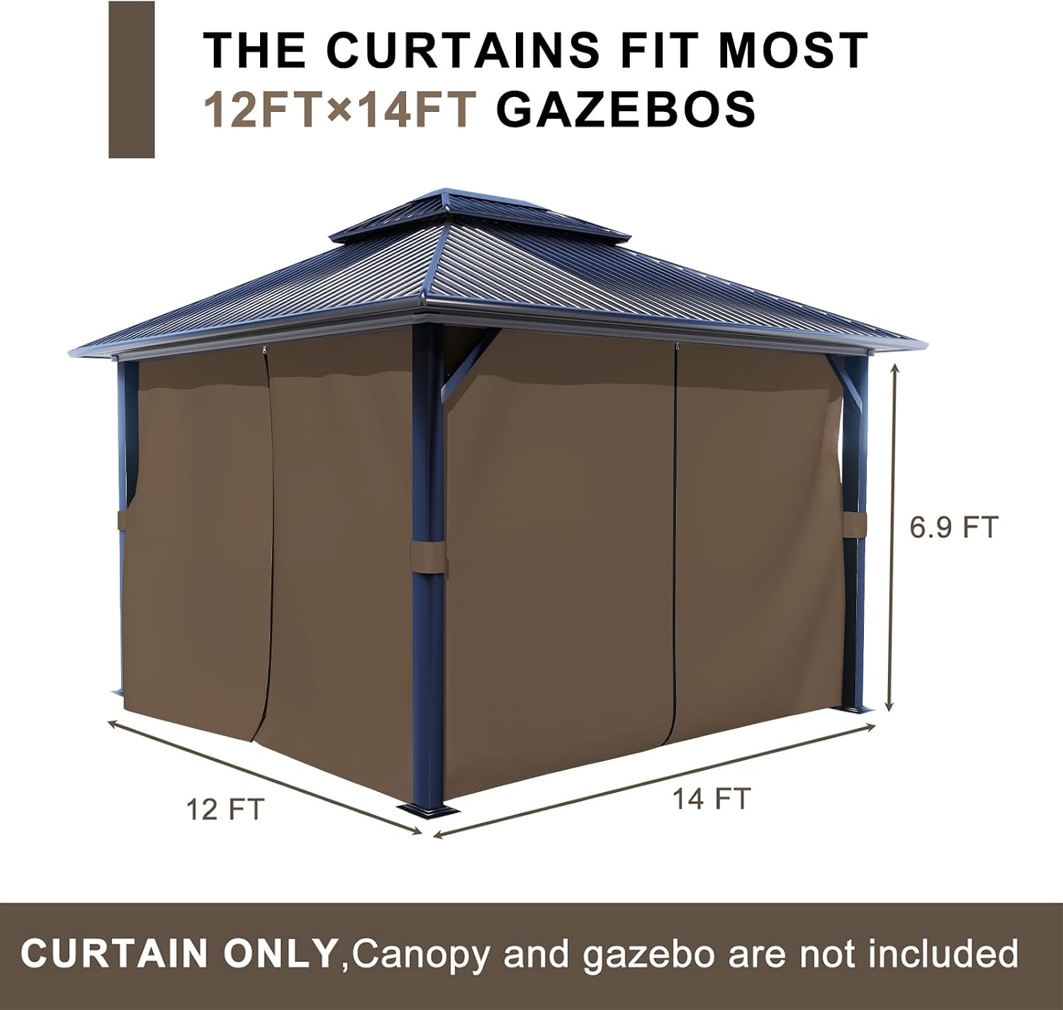 BPS 12' x 14' Gazebo Privacy Curtains with Double Zipper, 4-Panels Side Wall Universal Gazebo Side Panels Replacement for Patio, Outdoor Canopy, Garden and Backyard (Curtain Only)
