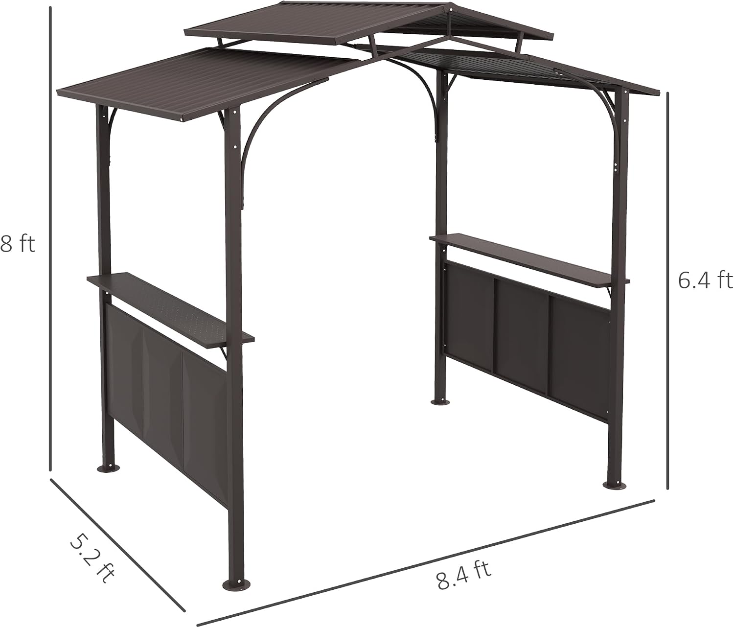 Outsunny 8'x5' BBQ Grill Gazebo with 2 Side Shelves, Outdoor Double Tiered Interlaced Polycarbonate Roof with Steel Frame, Brown