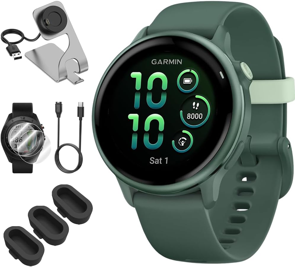 Garmin 010-02985-02 VIVOACTIVE 6 Health & Fitness GPS Smartwatch, Jasper Green with Silicone Band Bundle with Charging Dock, USB Type C Charger, Silicone Dust Covers & 2-Pack Screen Protector