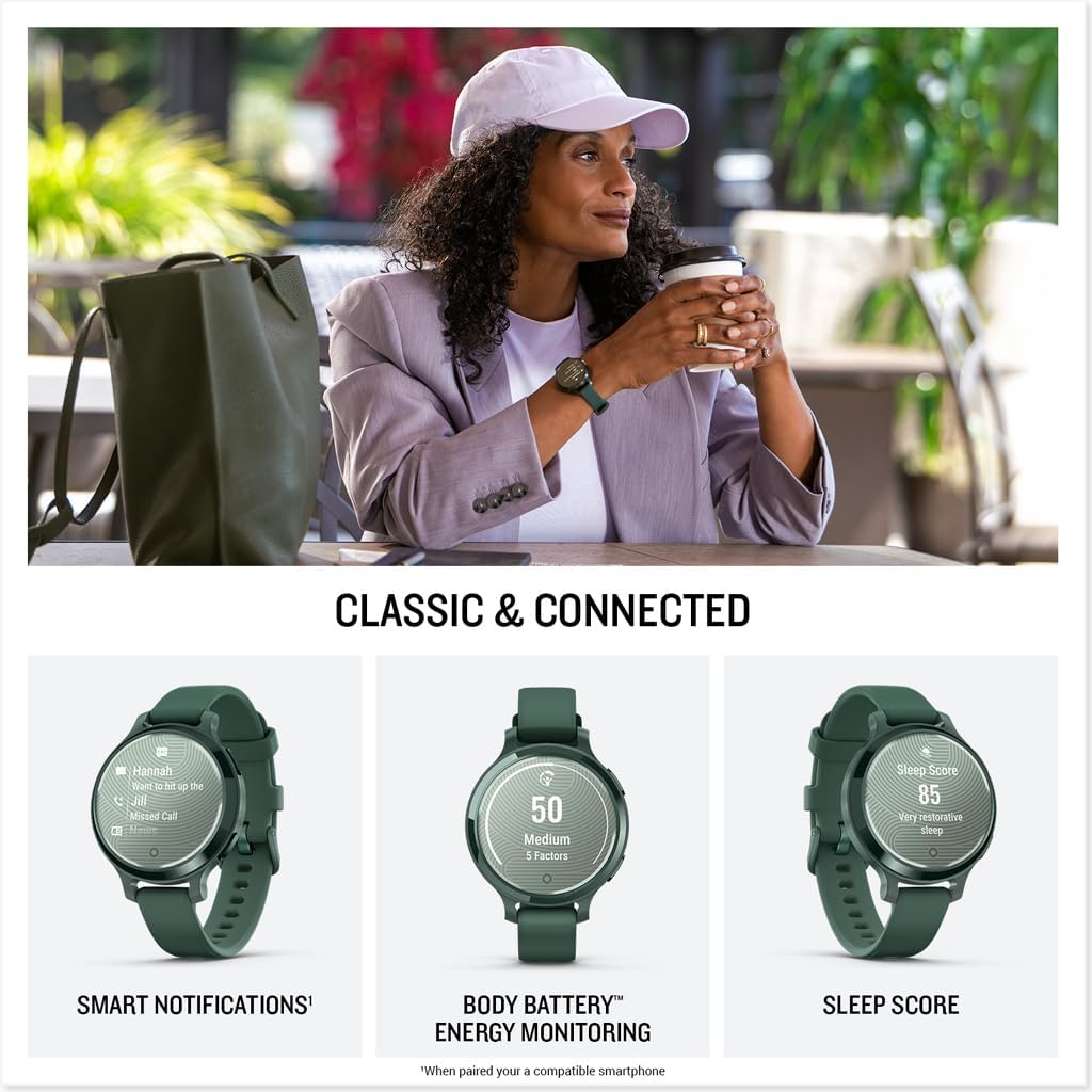 Garmin Lily 2 Active Small and Stylish Smartwatch Up to 9 Days Battery Built-in GPS Hidden Display Patterned Lens Life Jasper Green 010-02891-02 Fitness Smart Watch Bundle for Women