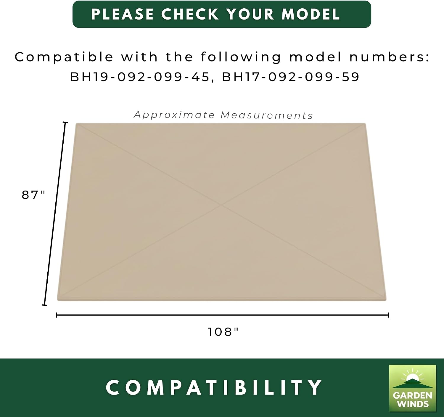 Garden Winds Reinforced RipLock 350 Replacement Canopy Top Cover Compatible with BHG, Meritmoor 9' x 9' Pergola Models BH19-092-099-45, BH17-092-099-59 - Beige