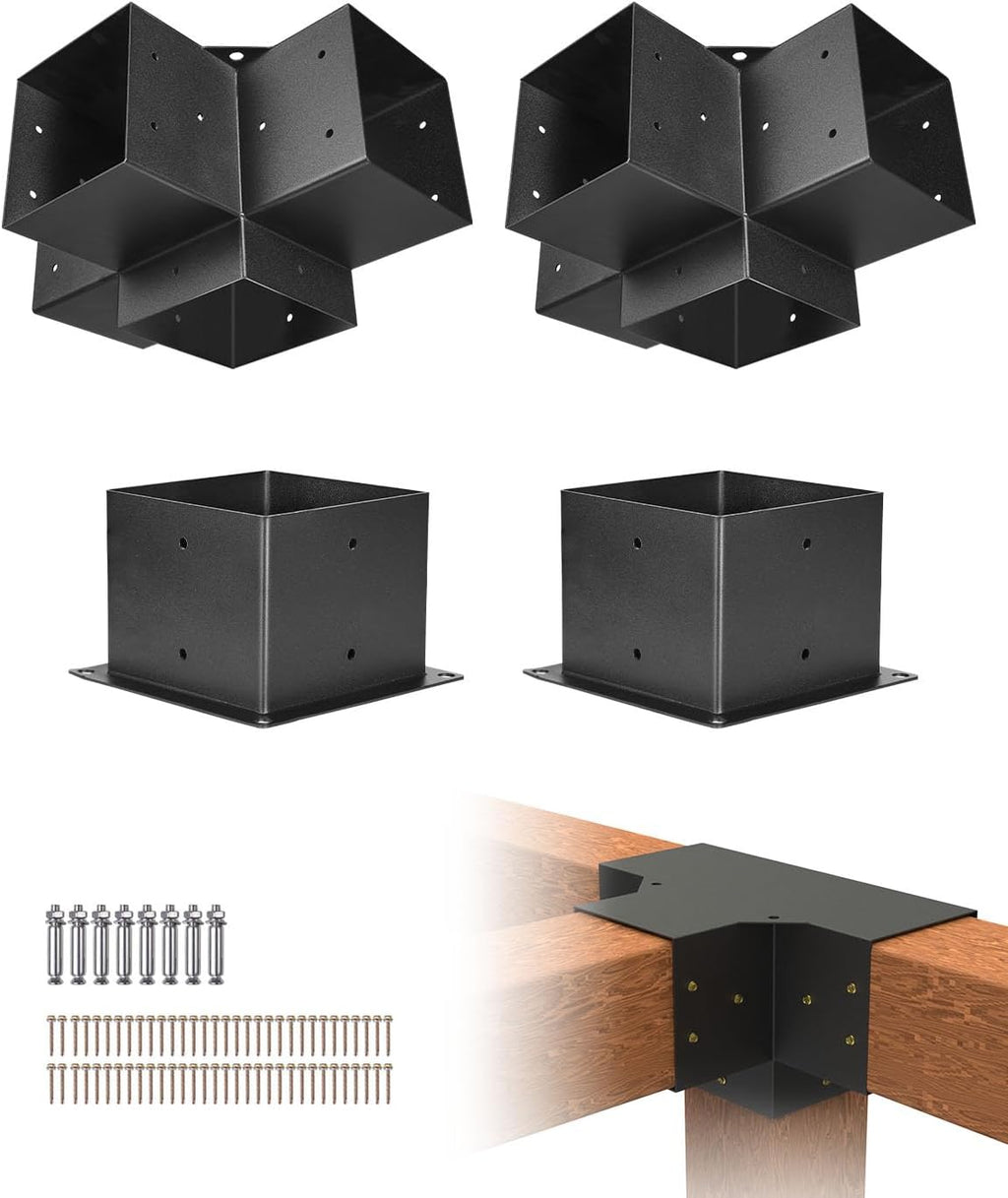 VEVOR Pergola Bracket Kit, 6x6 Inch (Inner Size 5.5x5.5), 2 Pcs 4-Way Heavy Duty Corner Bracket Woodworks DIY Post Base Kit, Easy Installation Wooden Beams for Gazebos, Patio Pergolas, Log Cabin