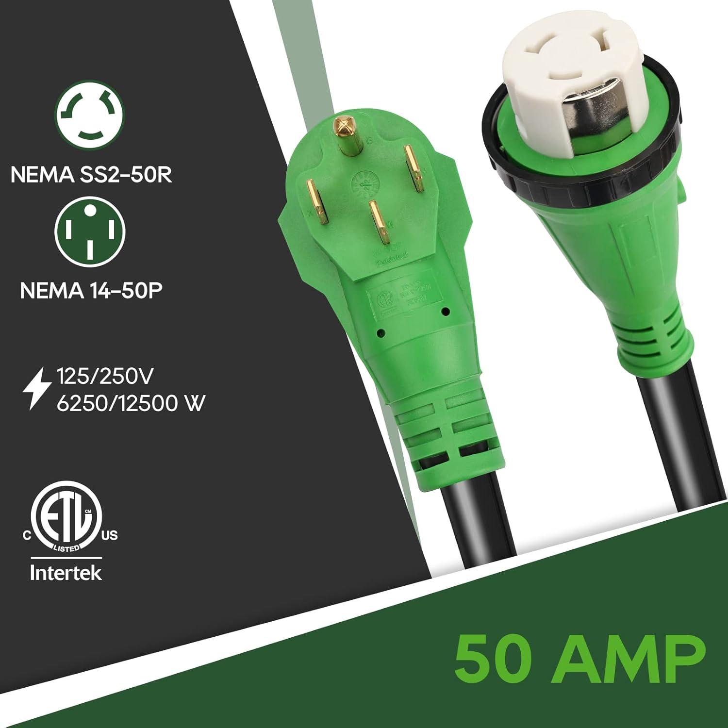 RVGUARD 50 Amp 75 Foot RV Power Cord, 14-50P to SS2-50R Generator Extension Cord, Heavy Duty STW Cord with LED Power Indicator and Cord Organizer, Green, ETL Listed