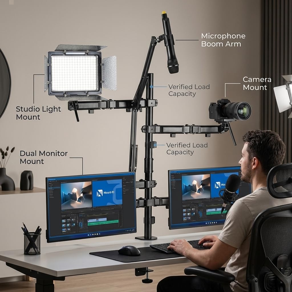 Mount-It! All in One Live Streaming Equipment - 5 Arm Desk Mount - Holds Dual Monitors, Cameras, Ring Light with Mic Desktop Stand Set, YouTube Setup for Podcasting, Gaming, Zoom, Clamp/Grommet Base