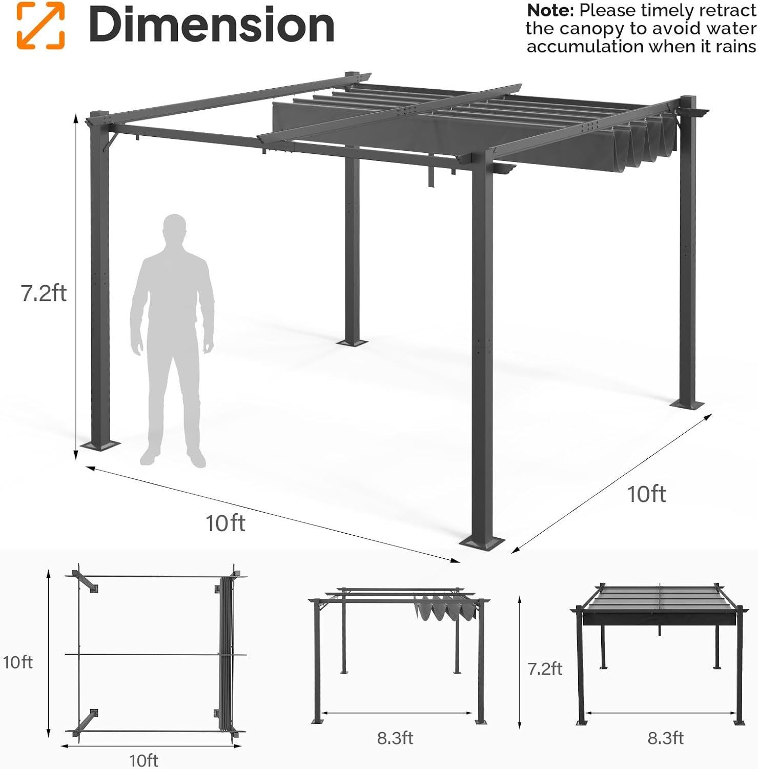 Outvita Patio Pergola, 10x10ft Aluminum Gazebo with Adjustable Retractable Waterproof Sun Shade Shelter Awning for Garden Lawn Deck