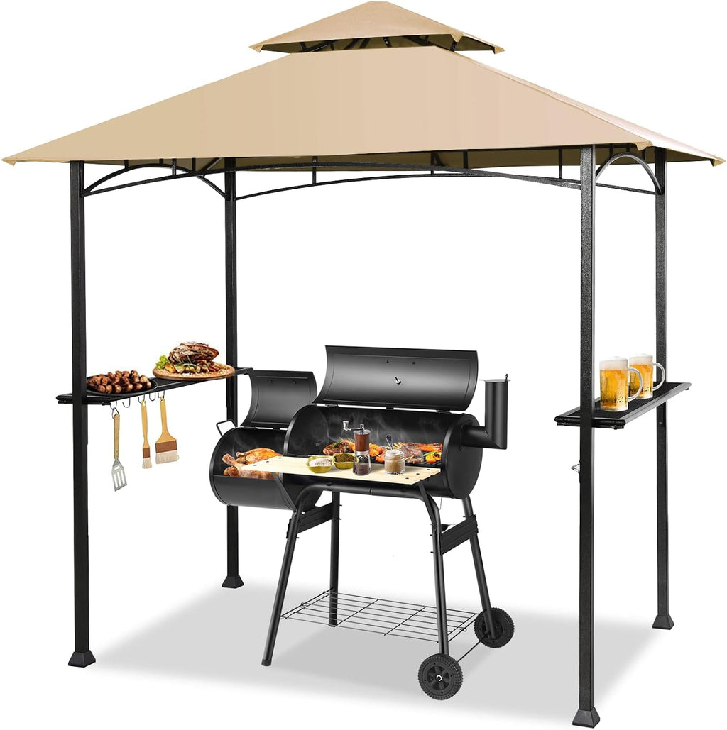 Giantex 8ft x 5ft Grill Gazebo Station with Canopy, Heavy Duty Steel Frame, 2 Side Shelves, 5 Hooks, 8 Ground Stakes, Outdoor Grill Shelter Barbecue Tent for Backyard Patio Camping (Beige)