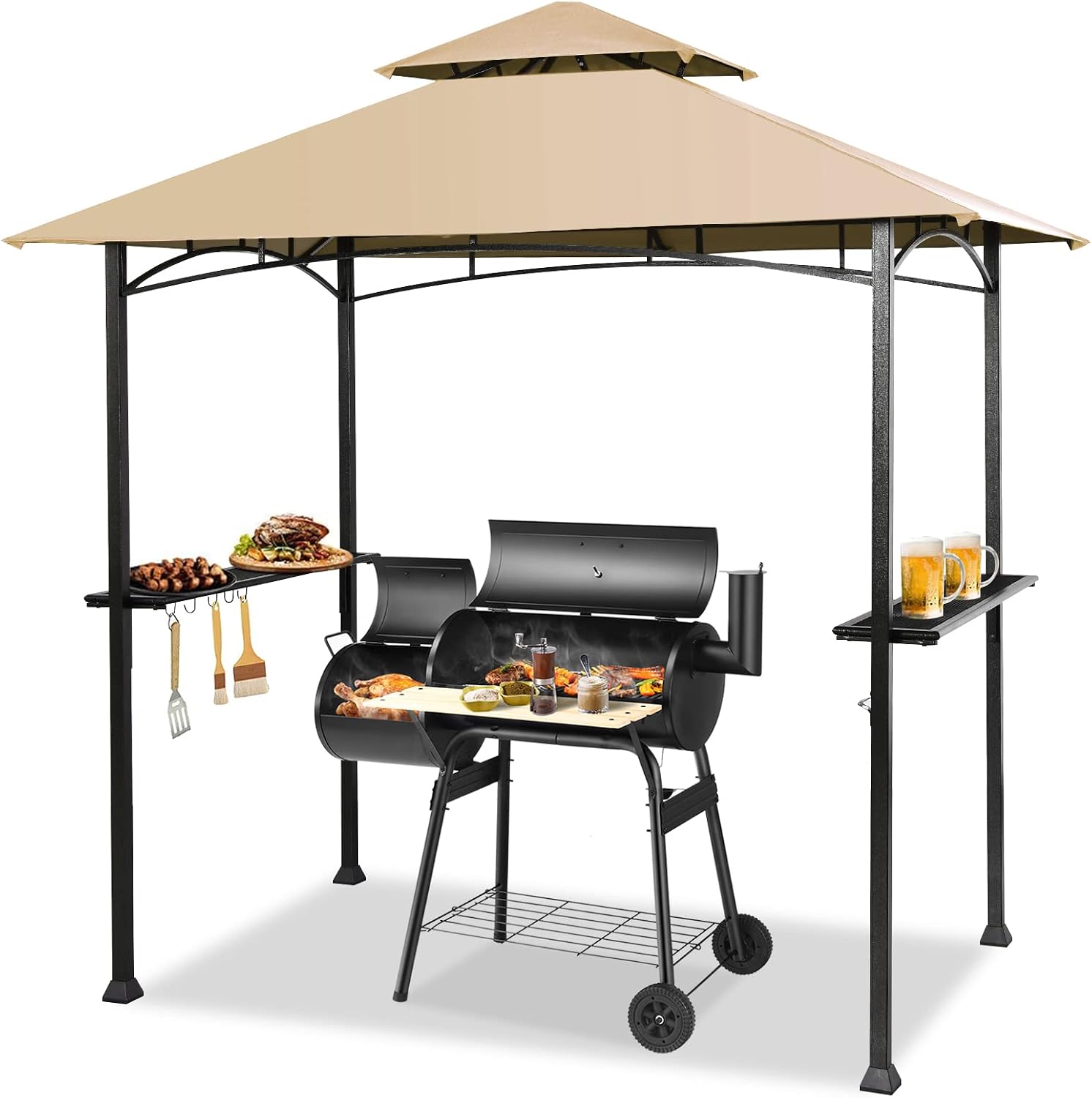 Giantex 8ft x 5ft Grill Gazebo Station with Canopy, Heavy Duty Steel Frame, 2 Side Shelves, 5 Hooks, 8 Ground Stakes, Outdoor Grill Shelter Barbecue Tent for Backyard Patio Camping (Beige)