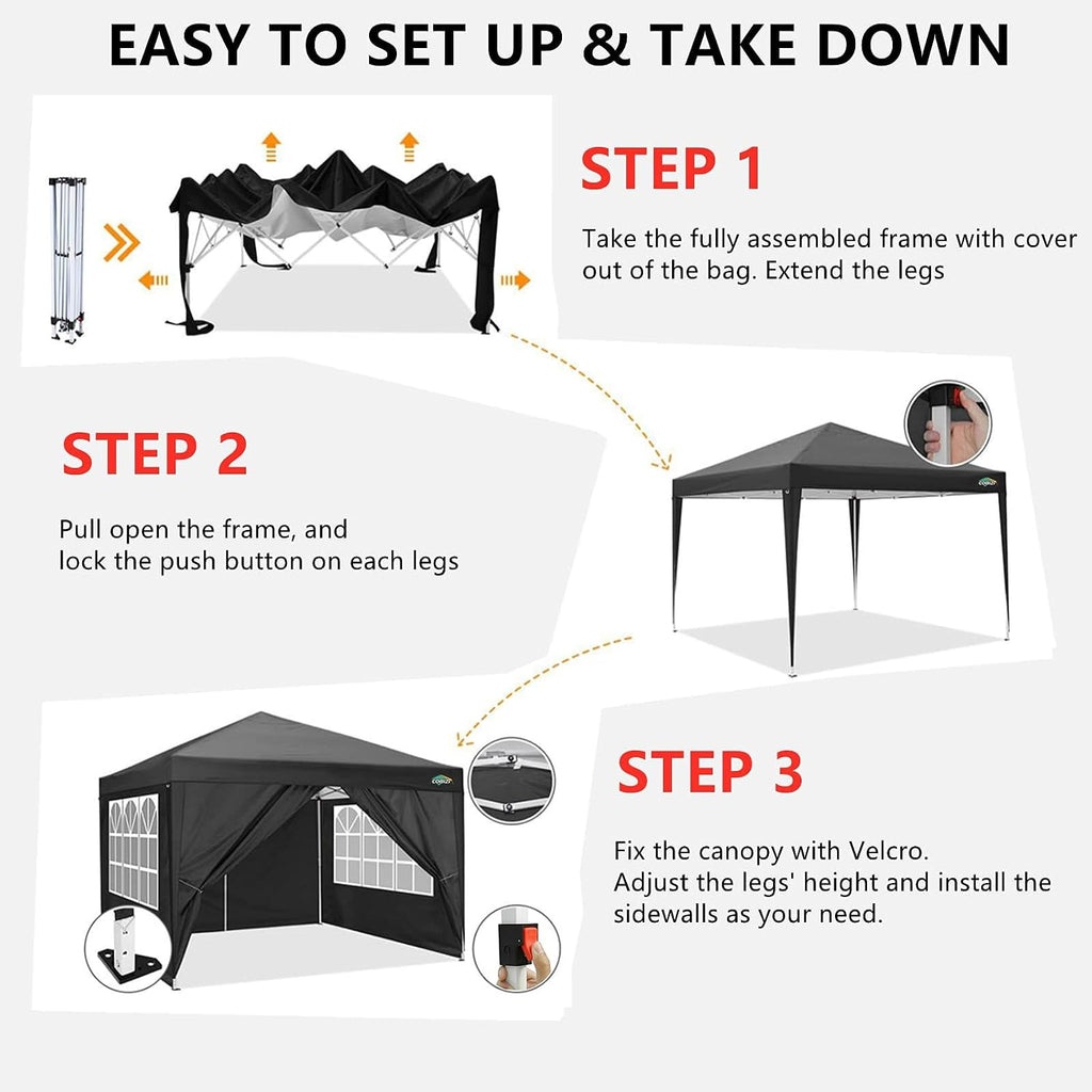 COBIZI 10x10 Pop Up Canopy Tent with 4 Removable Sidewalls, UPF 50+ Waterproof 10x10 Outdoor Portable Canopy for Commercial, Parties, Backyard, Beach with Carry Bag, Ropes, Stakes (Black, 10'x10')