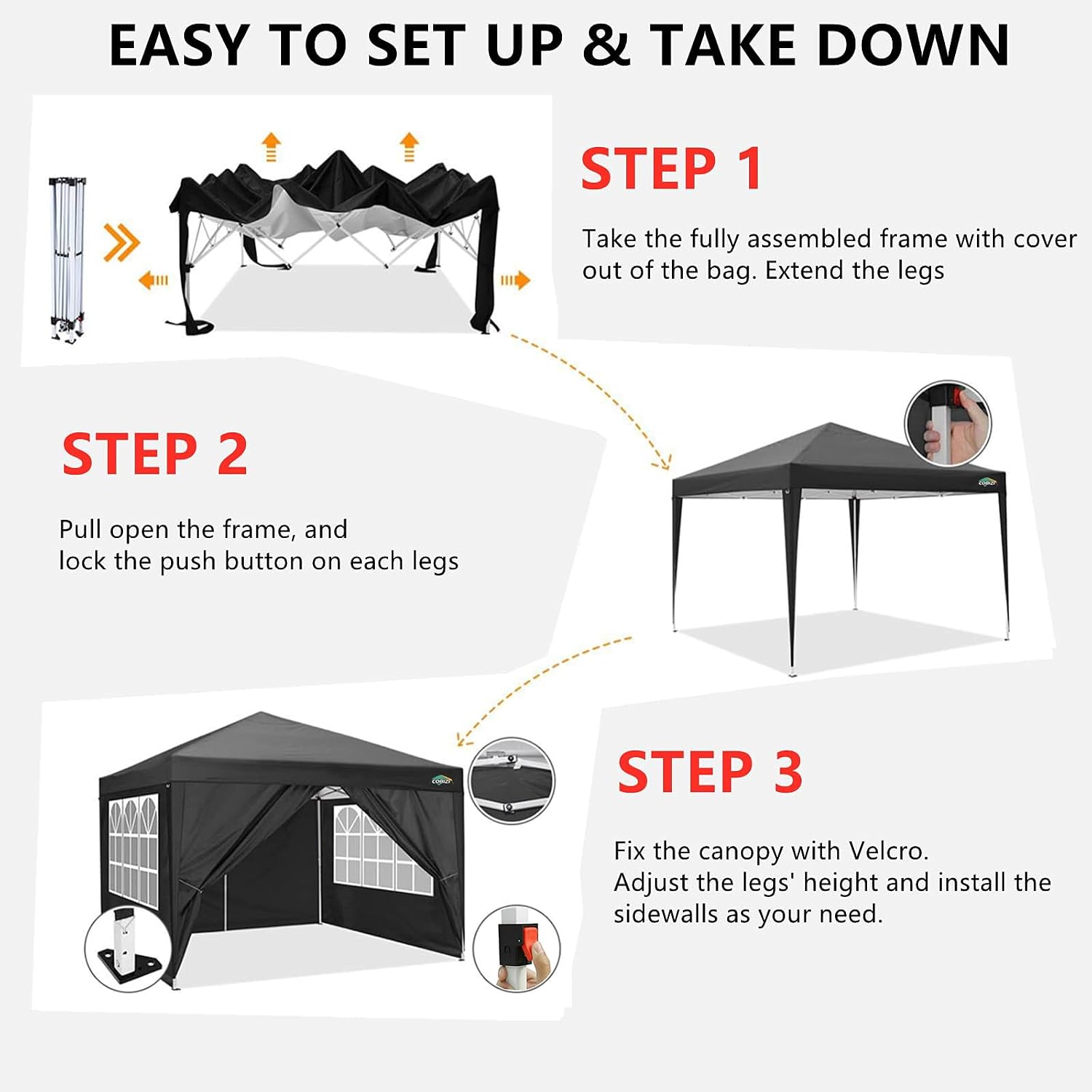 COBIZI 10x10 Pop Up Canopy Tent with 4 Removable Sidewalls, UPF 50+ Waterproof 10x10 Outdoor Portable Canopy for Commercial, Parties, Backyard, Beach with Carry Bag, Ropes, Stakes (Black, 10'x10')