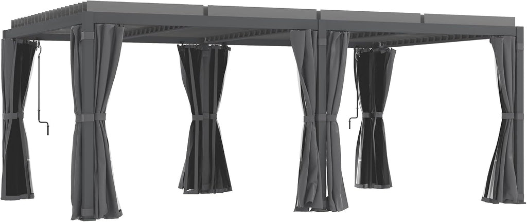 Outsunny 12' x 19' Louvered Pergola Hardtop Gazebo with Adjustable Aluminum Roof and Frame, Outdoor Pergola with Curtains and Netting, for Garden, Lawn, Backyard, and Deck, Dark Gray