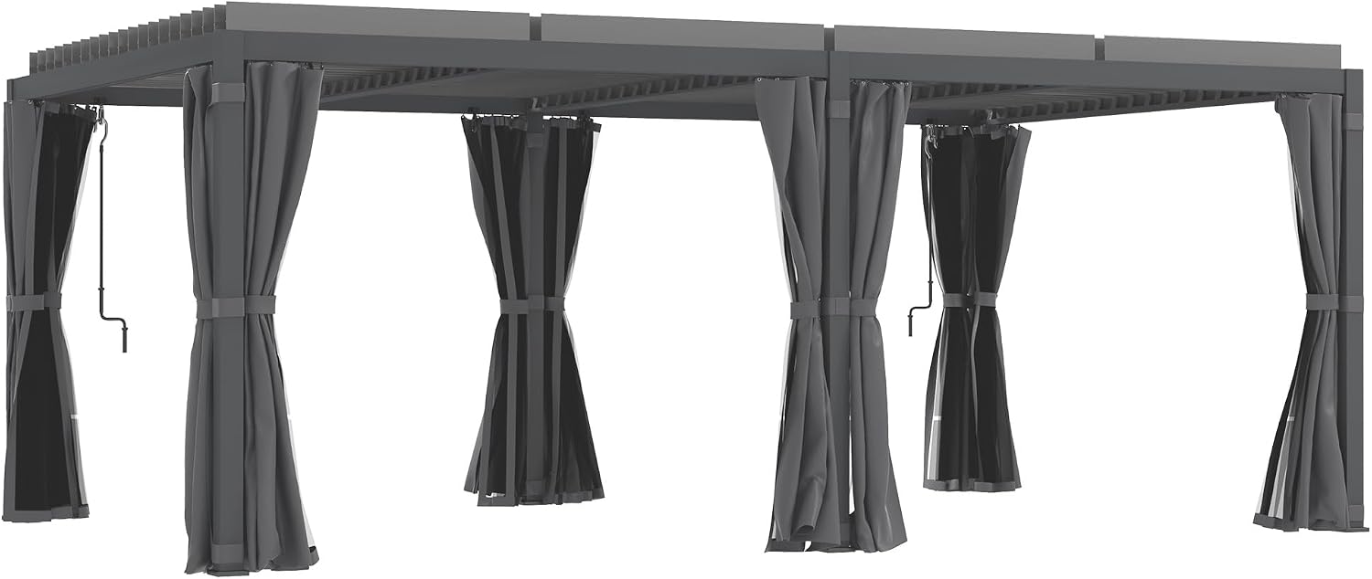 Outsunny 12' x 19' Louvered Pergola Hardtop Gazebo with Adjustable Aluminum Roof and Frame, Outdoor Pergola with Curtains and Netting, for Garden, Lawn, Backyard, and Deck, Dark Gray