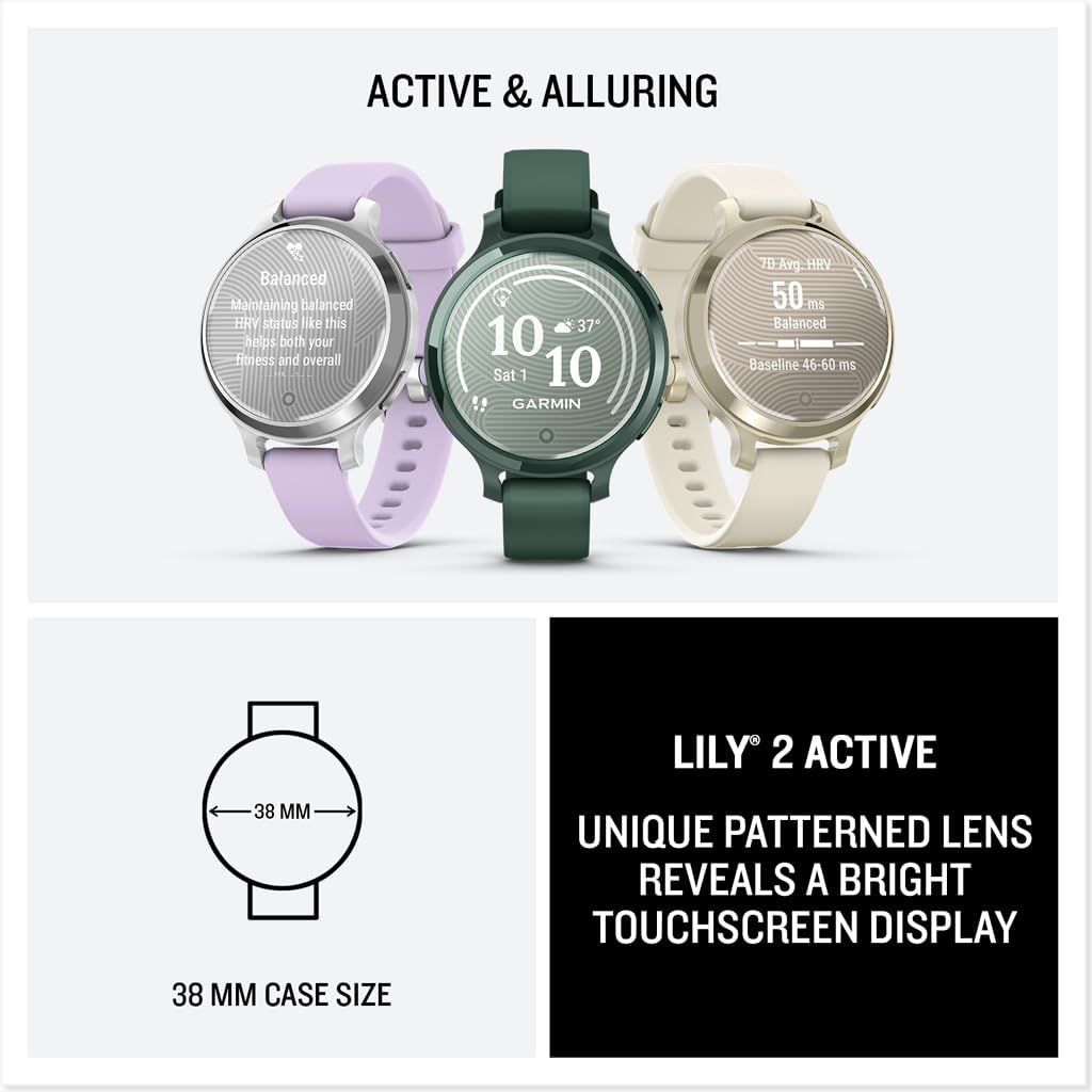 Garmin Lily 2 Active Small and Stylish Smartwatch Up to 9 Days Battery Built-in GPS Hidden Display Patterned Lens Life Jasper Green 010-02891-02 Fitness Smart Watch Bundle for Women