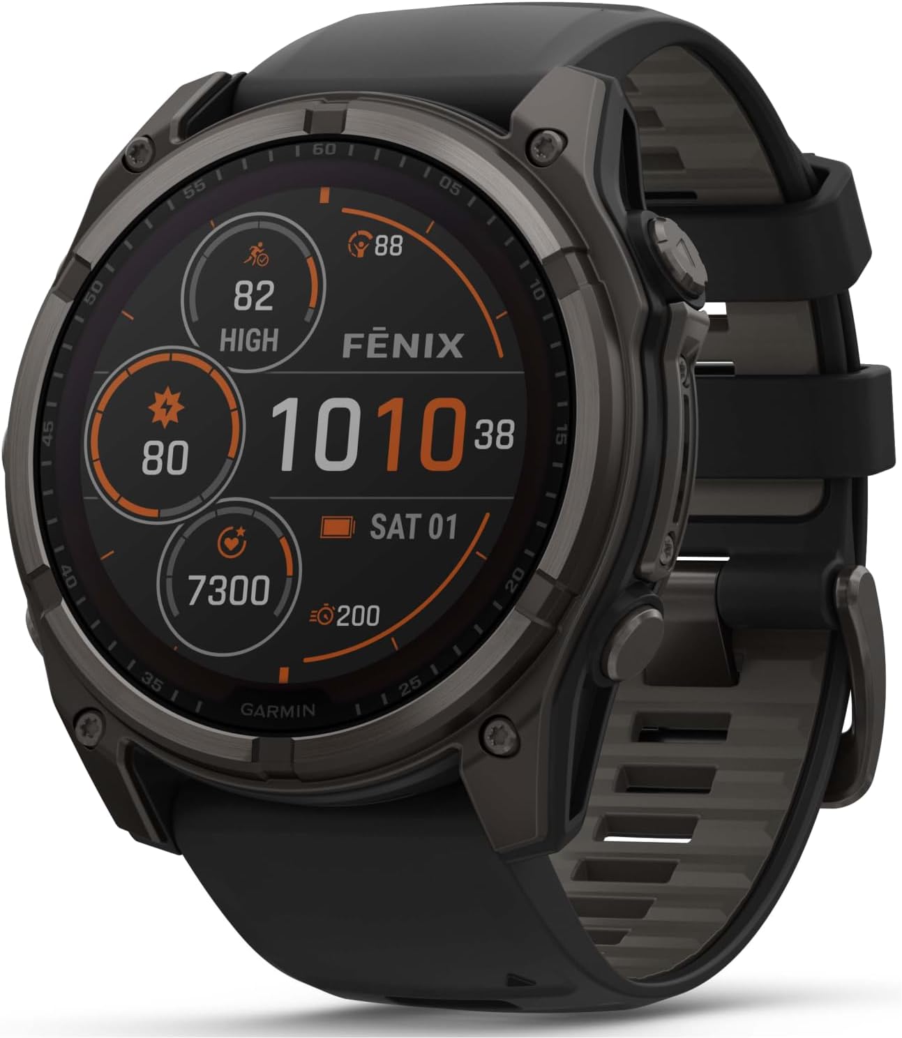 Garmin Fenix 8 – 51 mm, Solar, Sapphire, Carbon Gray DLC Titanium GPS Multisport Smartwatch with Black/Pebble Gray Silicone, Voice Control, Built-in LED Flashlight Power Bank Bundle
