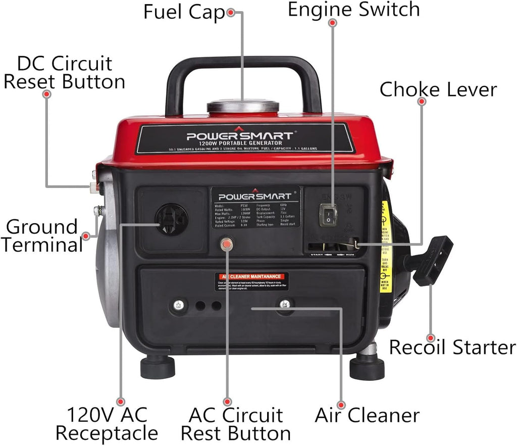 PowerSmart PS50 1000W 2 Stroke Manual Start Portable Generator, Red/Black