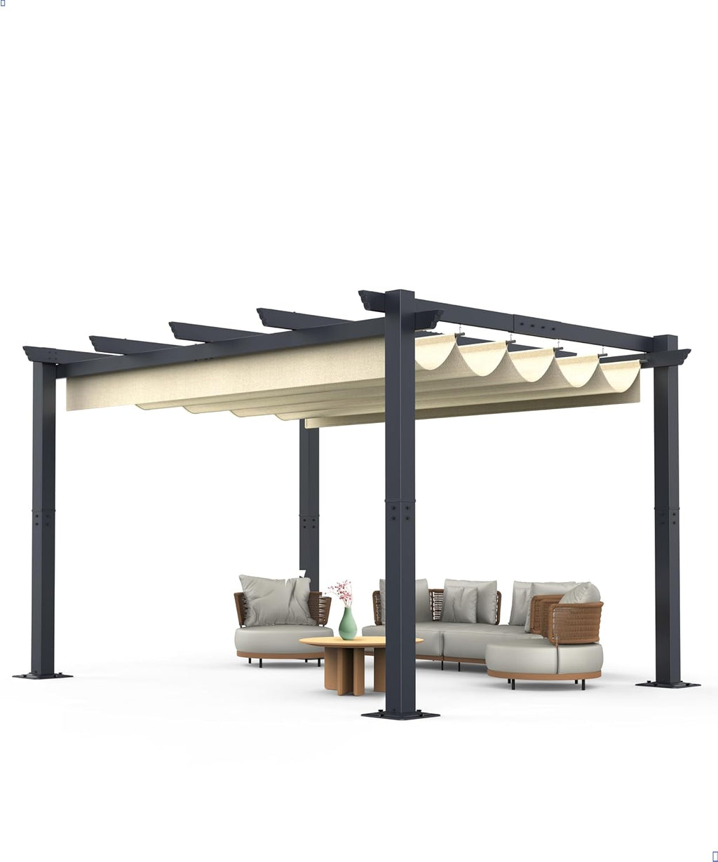 KYBOLT 10'X 13' Aluminum Pergola with Retractable Pergola Canopy, Lawn Shade Shelter for Backyard, Outdoor Party, Garden, Grill Gazebo, Deck (Khaki)