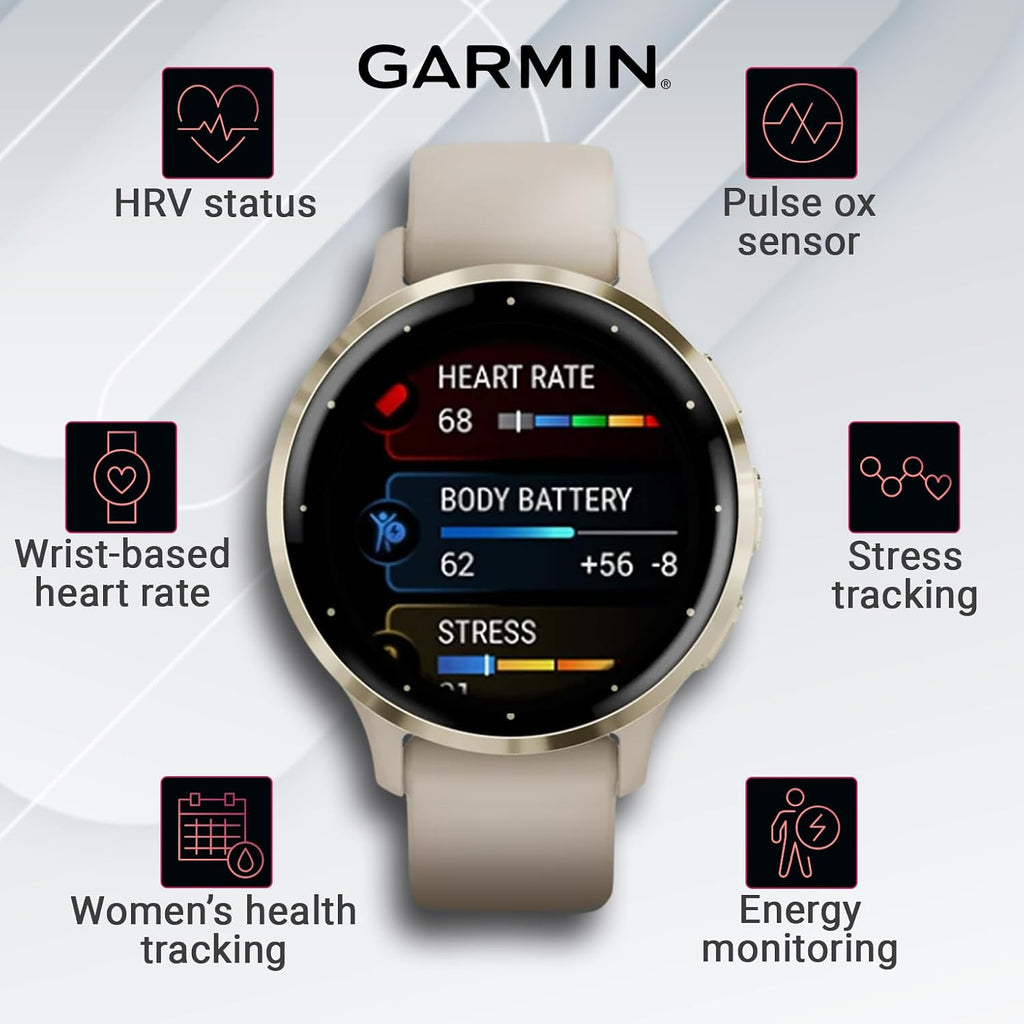 Garmin Venu 3S GPS Smartwatch AMOLED Display 41mm Watch, Health and Fitness Features, Up to 10 Days of Battery, Sleep Coach, French Gray with Black Earbuds Bundle