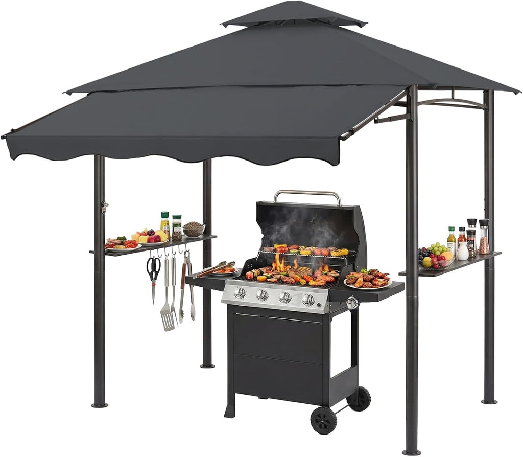 CHARMELEON 8x8 FT Grill Gazebo, Grill Canopy with Big Awning&2 Side Shelves&6 Hooks&Bottle Opener, Powder-Coated Steel BBQ Shelter for Patio Backyard Outdoor Grilling-Dark Gray