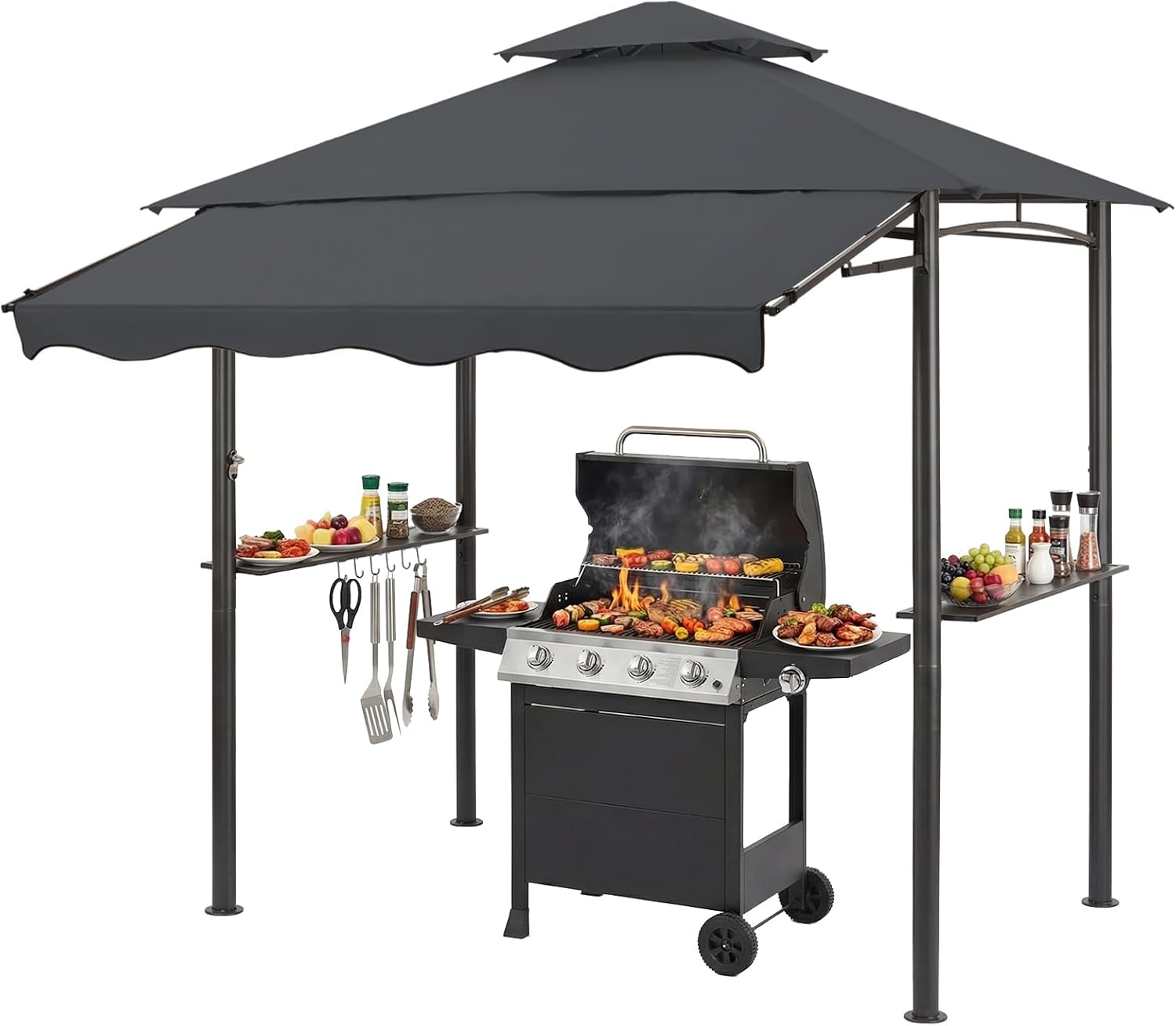CHARMELEON 8x8 FT Grill Gazebo, Grill Canopy with Big Awning&2 Side Shelves&6 Hooks&Bottle Opener, Powder-Coated Steel BBQ Shelter for Patio Backyard Outdoor Grilling-Dark Gray