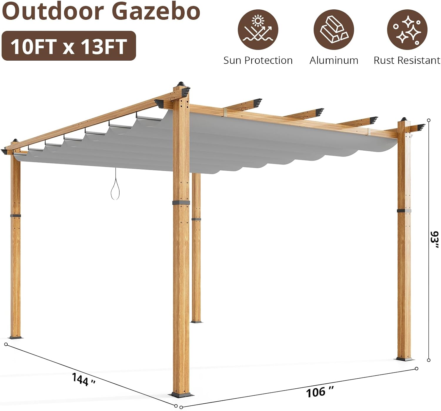 10' X 13' Retractable Pergola Canopy with Natural Wood Like Frame for Backyards, Gardens, Patios, Outdoor Pergola with Sun Shade Canopy,Gray
