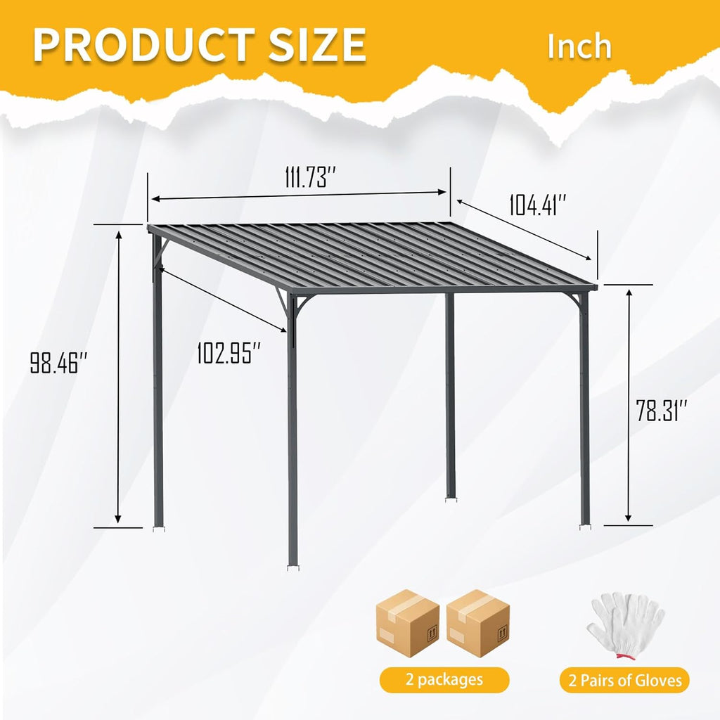 Patio Lean to Gazebo with Galvanized Steel Roof, 8x10 FT Outdoor Metal Wall-Mounted Pergola for Garden, Lawn, Poolside, Backyard Deck