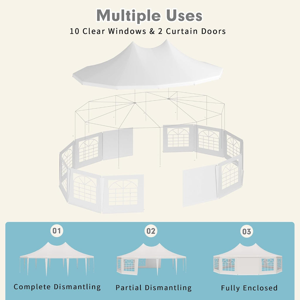 EROMMY 29x23ft Party Tent, White Wedding, Dodecagonal Heavy Duty Canopy with Removable Sidewalls, 10 Church Windows and 2 Pull-Back Doors, Outdoor Gazebo Pavilion Shelter, White