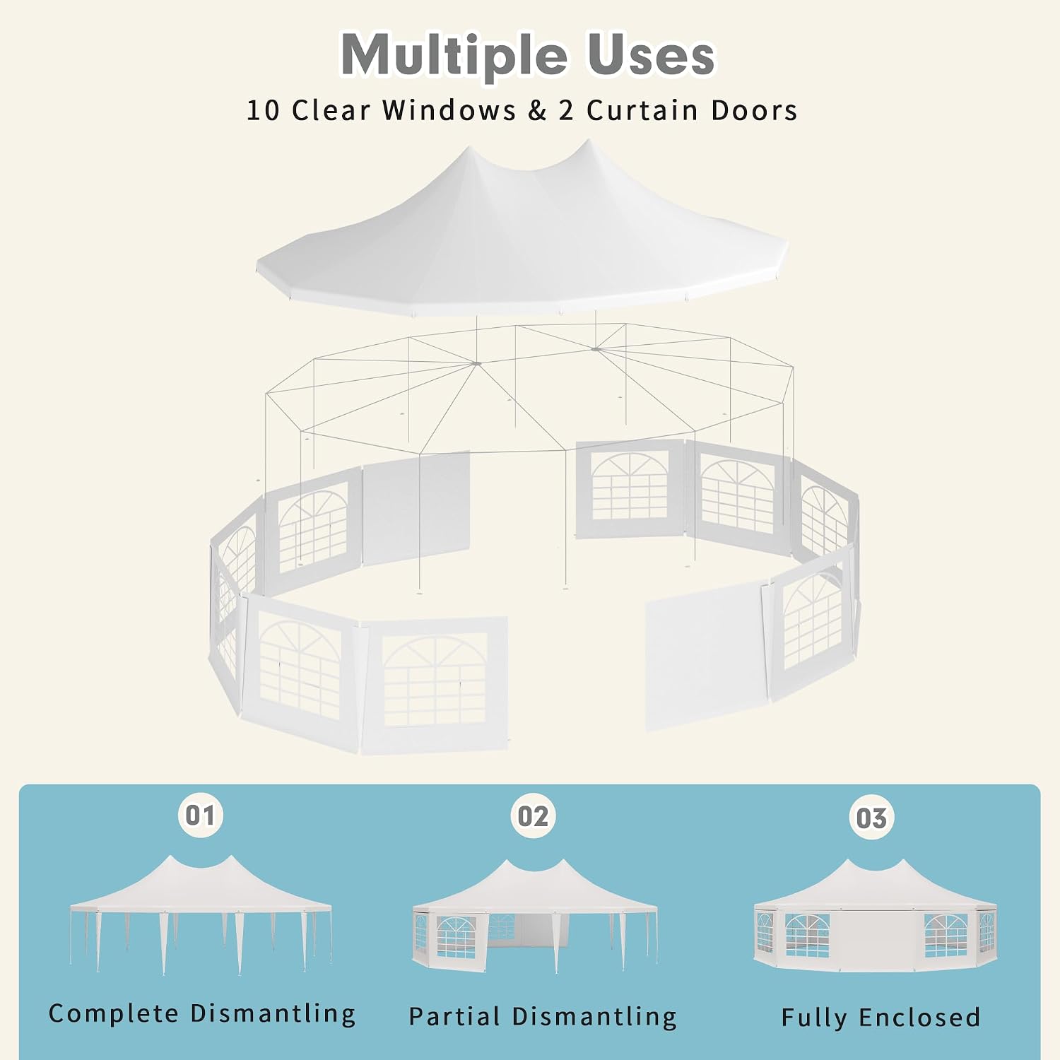 EROMMY 29x23ft Party Tent, White Wedding, Dodecagonal Heavy Duty Canopy with Removable Sidewalls, 10 Church Windows and 2 Pull-Back Doors, Outdoor Gazebo Pavilion Shelter, White