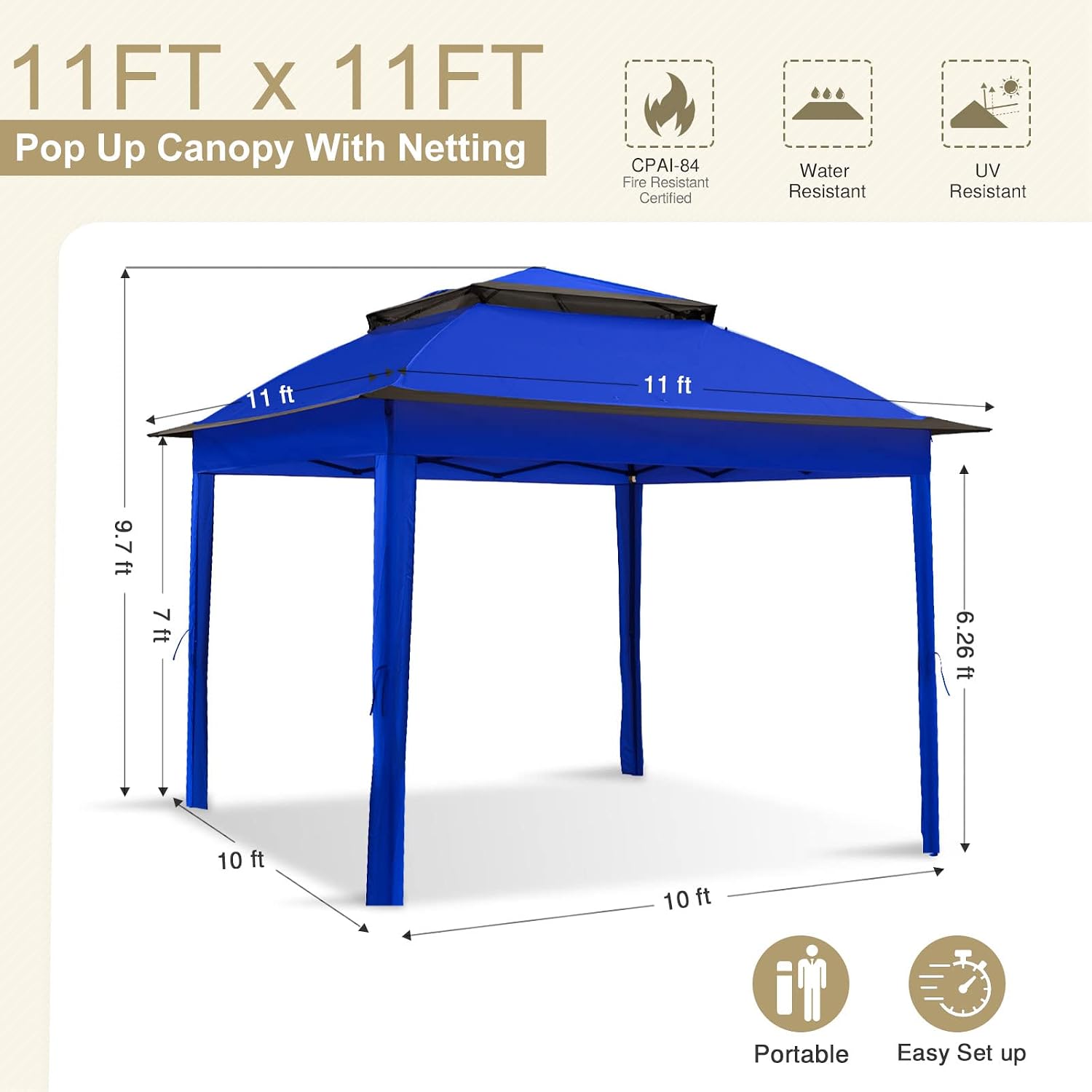 EAGLE PEAK 11x11 Pop Up Gazebo with Mesh Netting, Easy Up Screened Canopy for Patio and Backyard, Easy Set up Outdoor Gazebo (Blue)