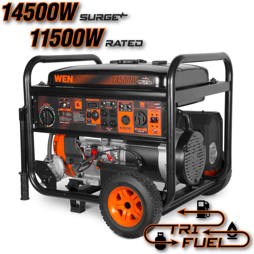 WEN 14500-Watt 120V/240V Tri-Fuel Generator, Transfer-Switch Ready with Electric Start and Wheel Kit (TF1450)