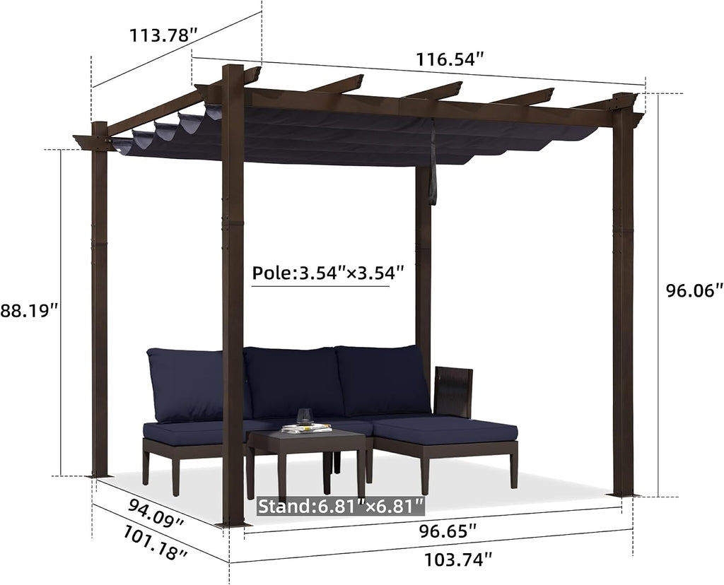 PURPLE LEAF Pergola 10' X 10' Outdoor Retractable Metal Pergola with Canopy Patio Shade for Garden Yard Pavilion Grill for Beach Deck Gazebo, Navy Blue