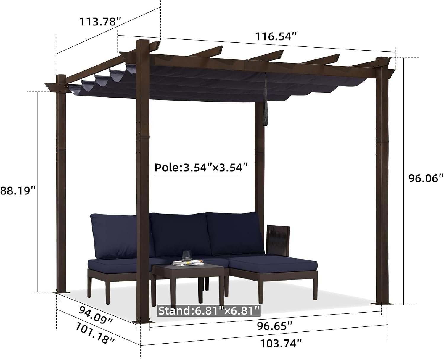 PURPLE LEAF Pergola 10' X 10' Outdoor Retractable Metal Pergola with Canopy Patio Shade for Garden Yard Pavilion Grill for Beach Deck Gazebo, Navy Blue