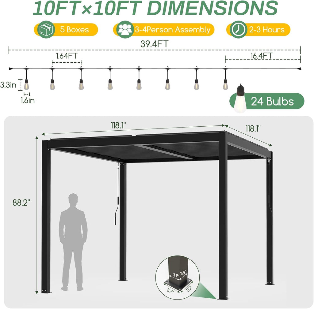 LVUYOYO Outdoor Louvered Pergola 10' x 10' with LED String Lights, Aluminum Pergola with Adjustable Roof, Waterproof Metal Gazebo for Patio, Backyard, Garden, Deck (10x10FT with Lights)