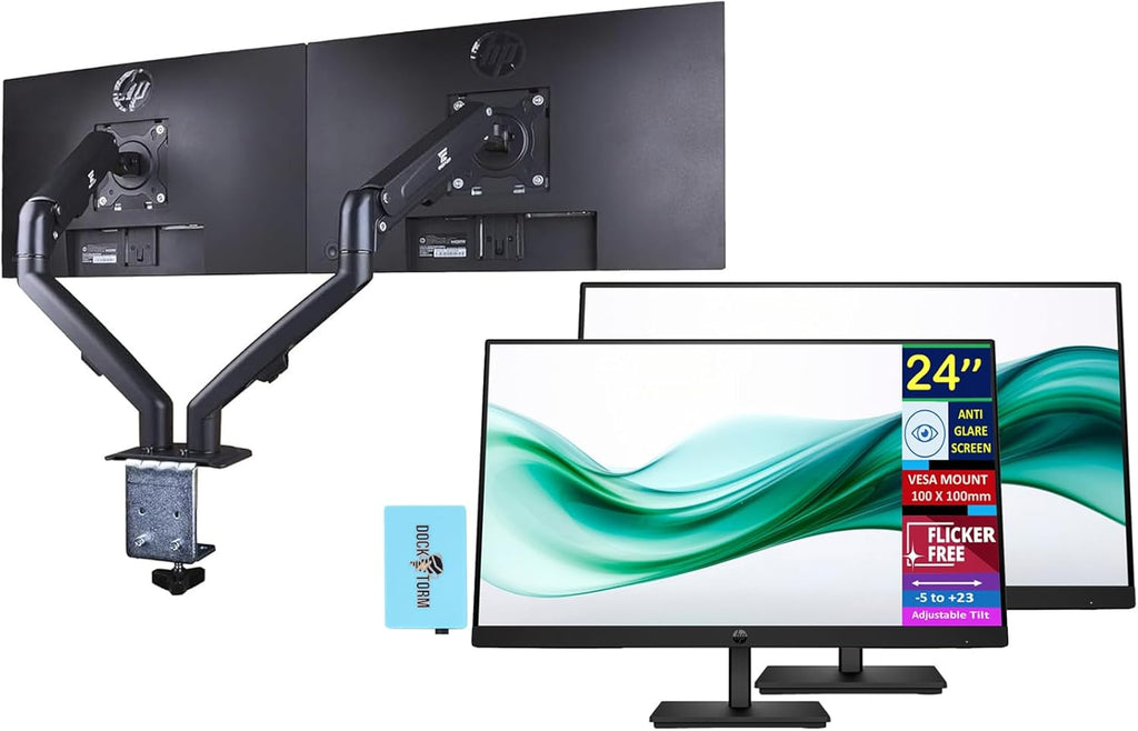 HP 24' Series 3 Pro 24' FHD Computer Monitor (1920x1080), 100Hz Anti-Glare Display, HDMI, VESA Mount, Black, Bundle with dockztorm hub and ErgoFlexy Dual Monitor Mount. (2Pack)