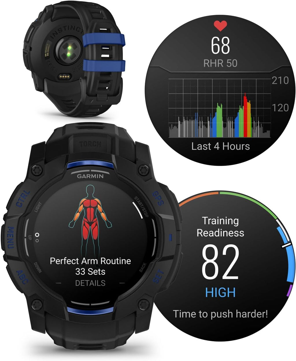 Garmin Instinct 3 Rugged Outdoor GPS Smartwatch - 50 mm AMOLED, Supernova Collection, Limited Edition, Health & Fitness Tracking, Built-in Flashlight, Black/Bolt Blue w/Wearable4U Black EarBuds Bundle