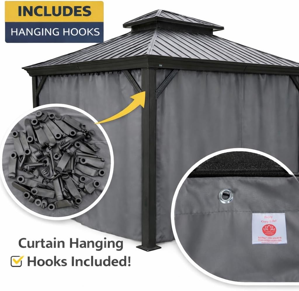 Kozyard 10' x 12'Outdoor Gazebo Privacy Curtain Sidewall, Waterproof Patio Privacy Curtain with Center-Zip Design, Replacement for Hardtop Gazebo Gray