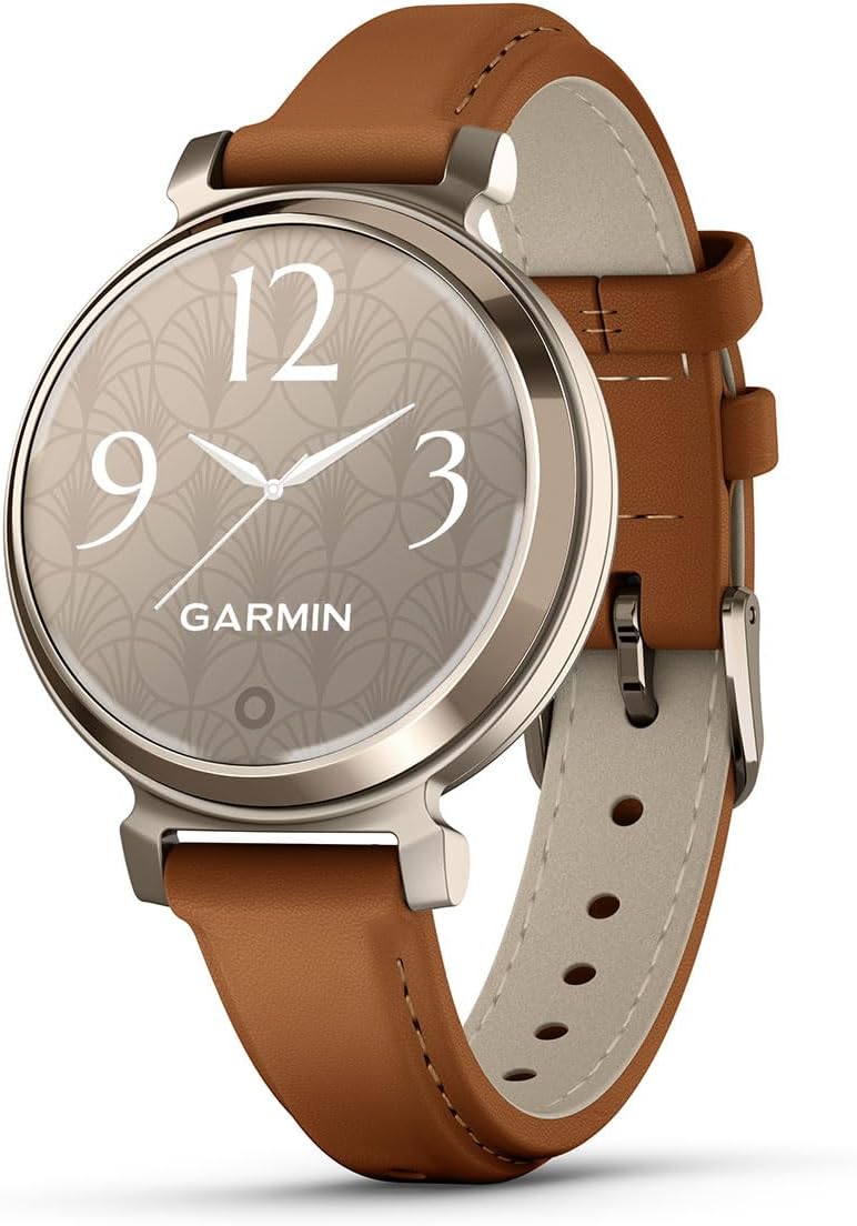 PlayBetter Garmin Lily 2 Classic (Cream Gold/Tan Leather) Women's Fitness Smartwatch Bundle - Ladies Watch with Hidden Display, 5-Day Battery & Garmin Pay - Includes Portable Charger