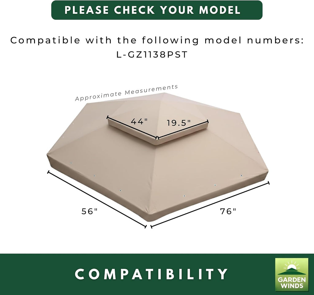 Garden Winds Reinforced RipLock 350 Replacement Canopy Top Cover Compatible with Manhattan 10' x 12' Gazebo Model L-GZ1138PST - Beige