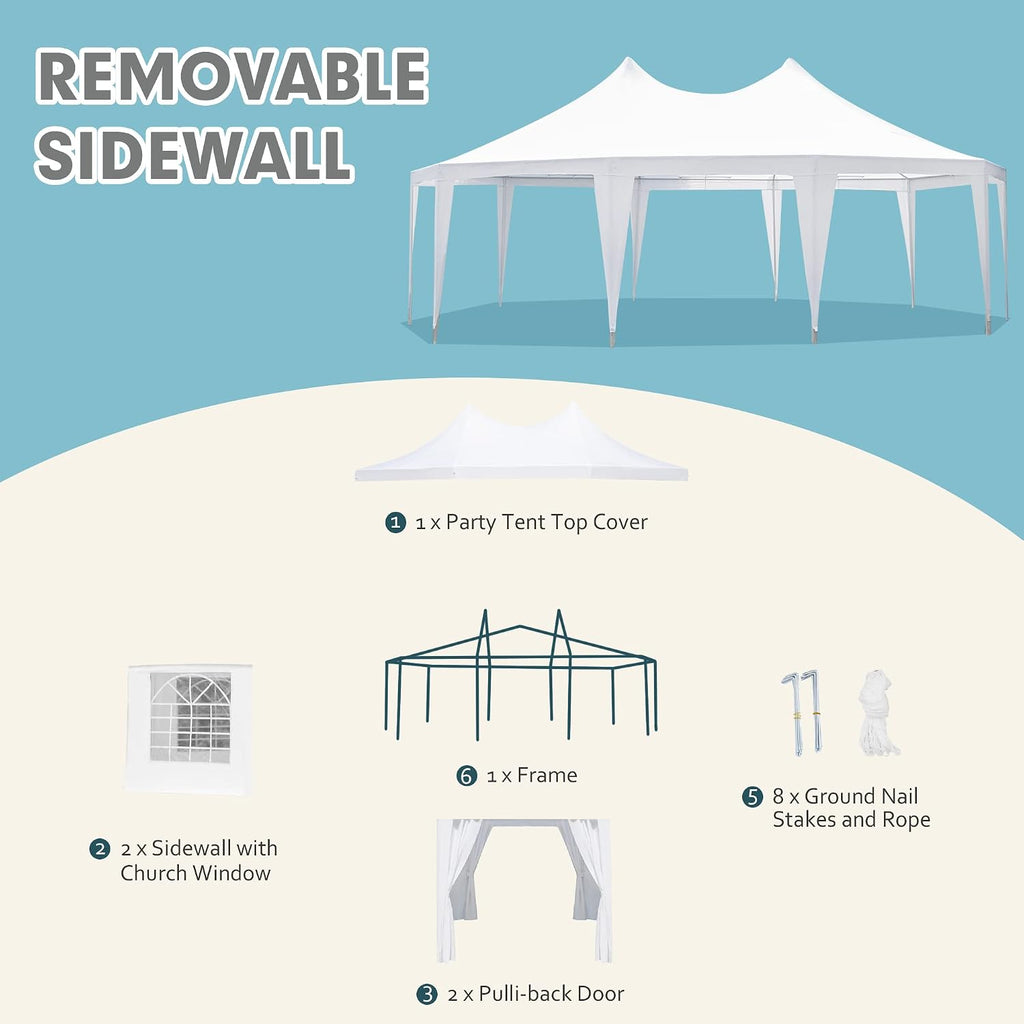 EROMMY 26'x19' Party Tent, White Wedding, Decagonal Heavy Duty Canopy with 8 Removable Sidewalls, 8 Church Windows and 2 Pull-Back Doors, Outdoor Gazebo Pavilion for Party, Wedding, Event
