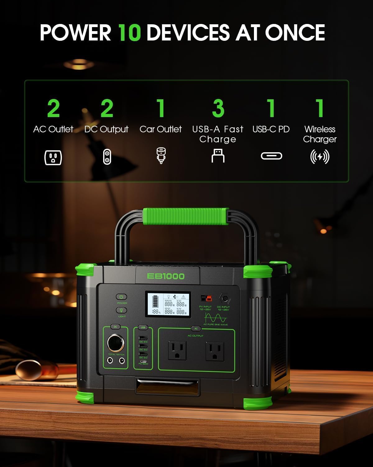 1000W Portable Power Station 999Wh, 110V Pure Sine Wave AC Outlet (2000W Peak), 60W PD USB-C & 10 Ports, Solar Generator for Home Backup, Outdoor Camping, RV, Emergency, Off-Grid Living