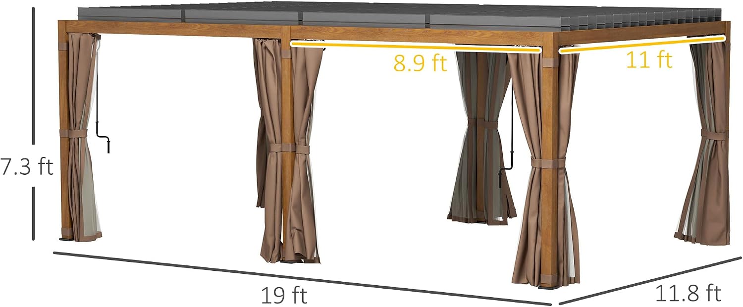 Outsunny 12' x 19' Louvered Pergola Hardtop Gazebo with Adjustable Aluminum Roof and Frame, Outdoor Pergola with Curtains and Netting, for Garden, Lawn, Backyard, and Deck, Wood-Like