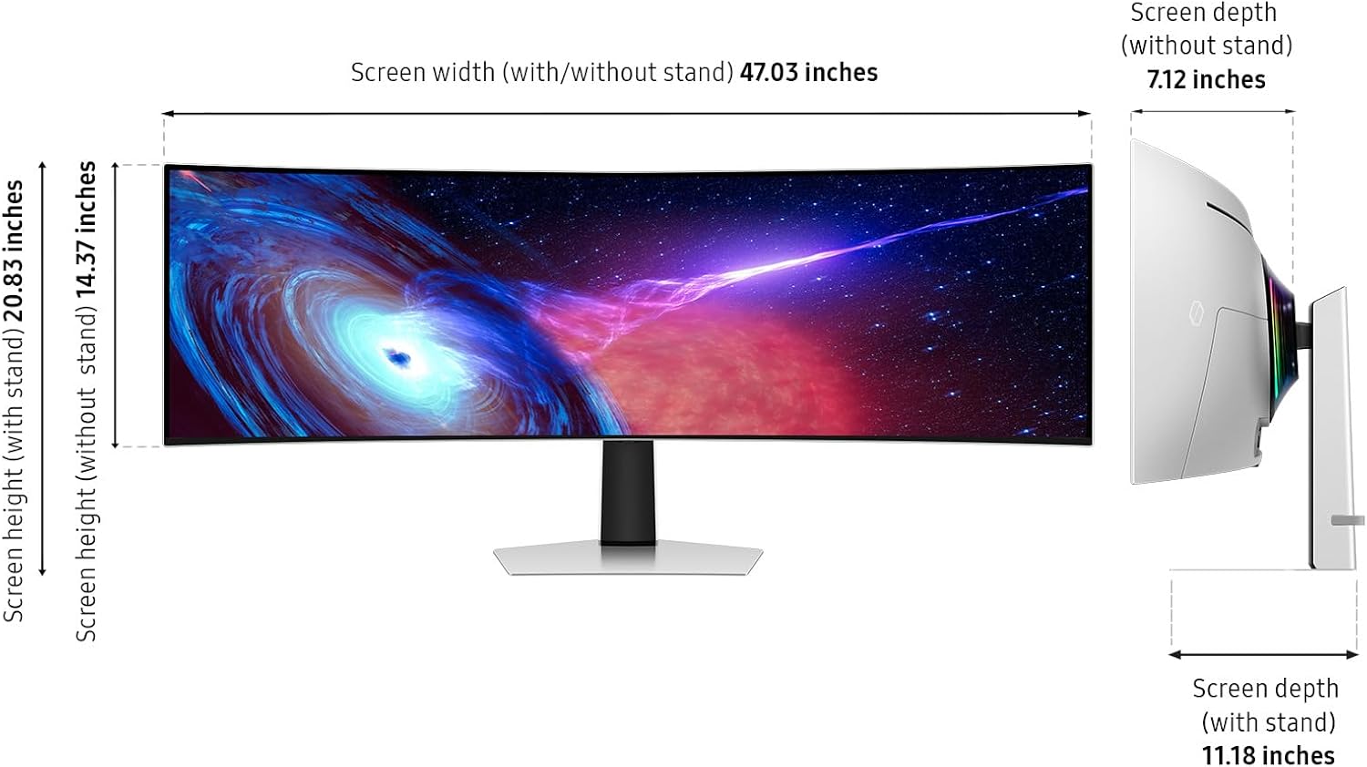 Samsung 49' Odyssey G93SC Series Curved Gaming Monitor, QD-OLED, 240Hz, 0.03ms, DQHD, G-Sync Compatible, FreeSync Premium Pro, Adjustable Stand