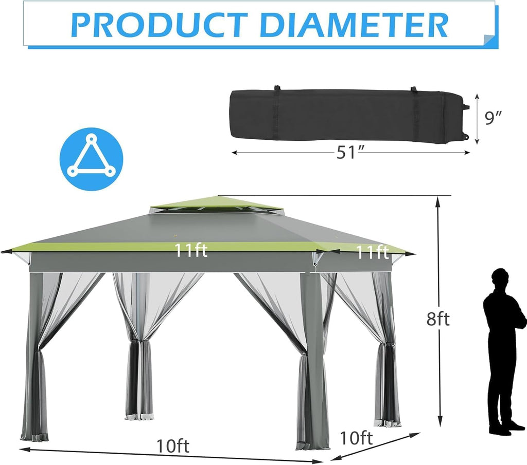 ECOTOUGE 11x11 FT Pop Up Canopy Tent with Mosquito Nettings, Patio Party Instant Shelte Gazebo w/Carrying Roller Bag Waterproof and UV Resistant for Outdoor Garden, Grill and Backyard, Grey-Green